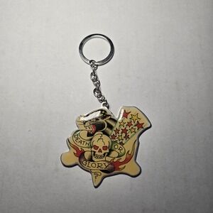 Y2K Metal Ed Hardy Keychain Purse Charm Death Or Glory Skull Stars Flares
